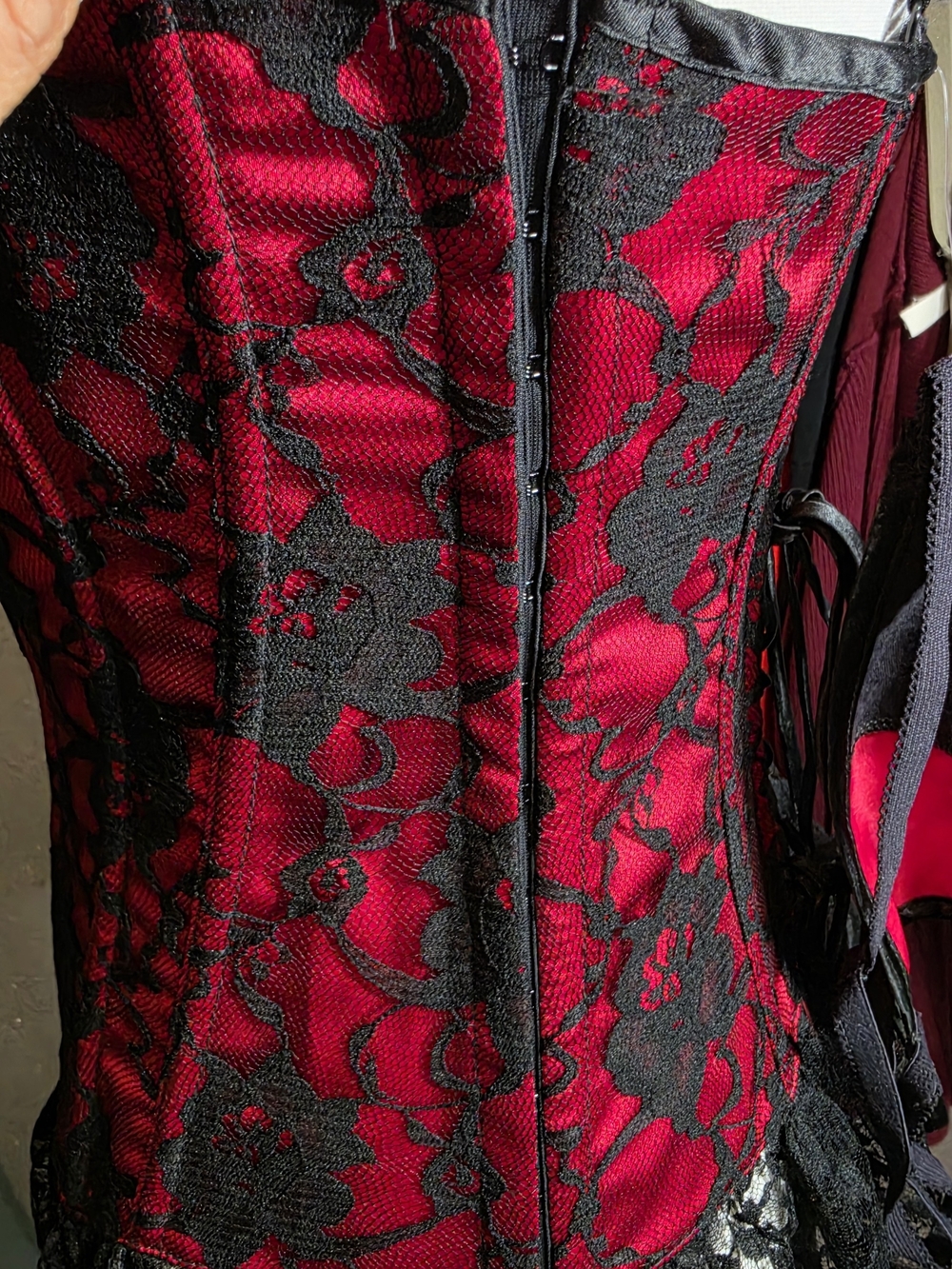 Red Satin Lace Corset Bustier with Black Lace Trim - Women Intimates - Picture 10 of 16